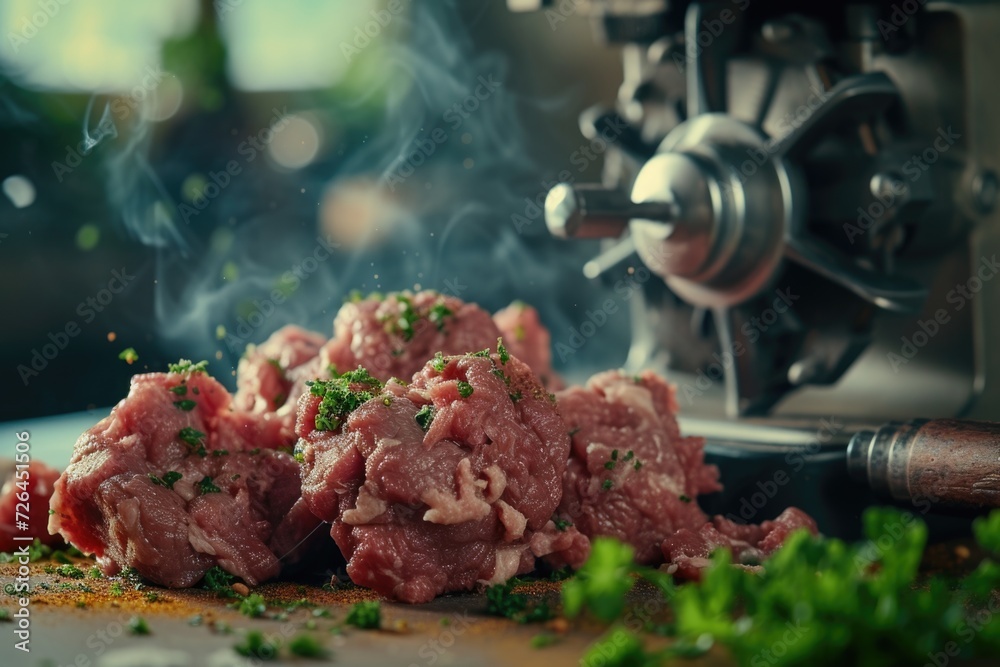 Poster A collection of various types of meat arranged on a cutting board. Suitable for culinary themes and food preparation concepts