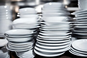 A stack of empty white plates in a restaurant kitchen.
