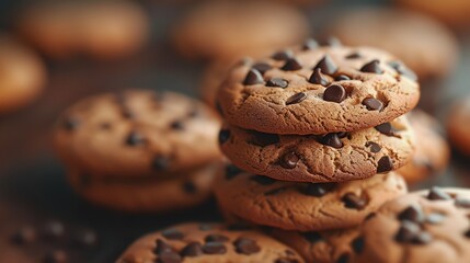 Close up of freshly baked tasty chocolate chip cookies on wooden desk - 726451565