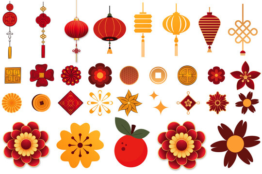 Chinese traditional patterns, flowers, lanterns, clouds, elements and ornaments. Vector decorative jewelry collection in Chinese and Japanese style for card, print, flyers, posters, merch, covers.