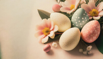 Obraz na płótnie Canvas Easter eggs and flowers on pastel background, still life, holiday greeting card