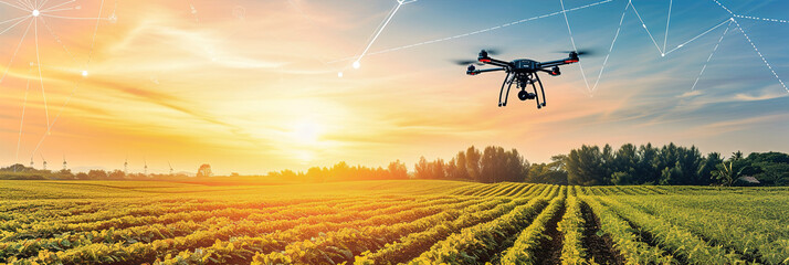 Precision Agriculture Technology: Drone flying over agriculture land. Innovative tools, optimizing farming practices, using data for precise resource allocation.