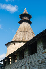 Pskov, Russia, September 6, 2023. Watchtower with a gazebo above the fortress wall.