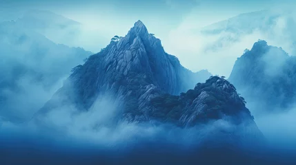 Foto op Aluminium Blue Hues of Rugged Mountains Veiled in Mist - Generative AI © Zeynep