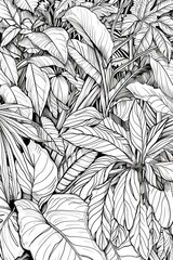 A black and white drawing depicting a bunch of leaves. Suitable for various artistic projects and nature-themed designs