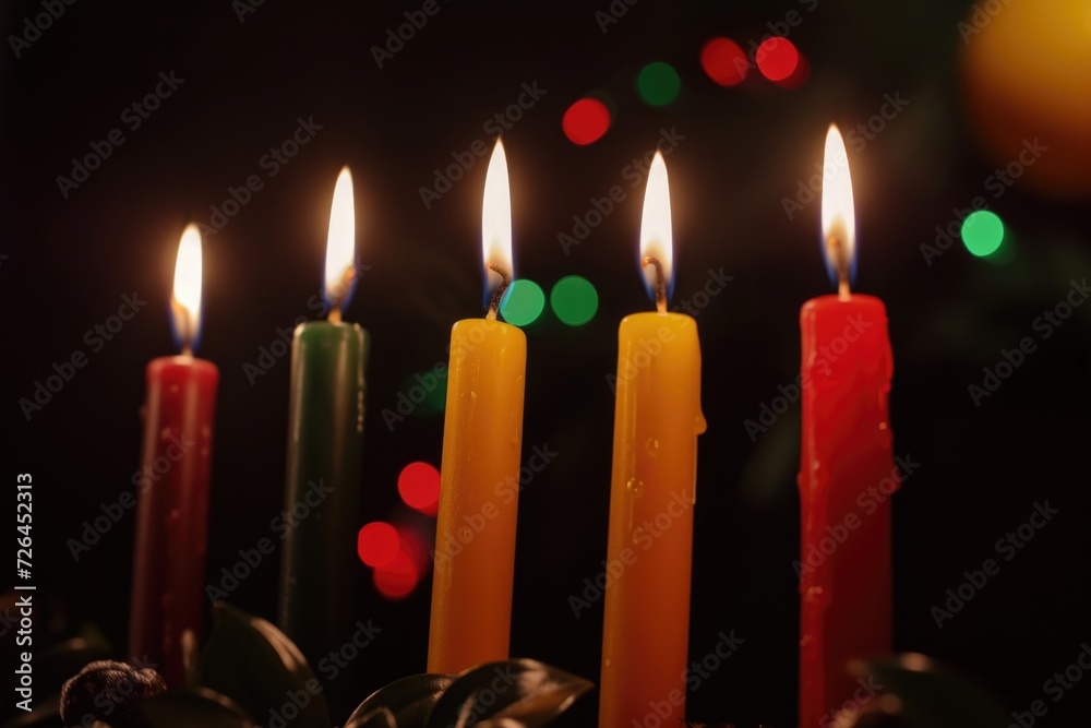 Poster a bunch of candles sitting on a table. can be used for various purposes