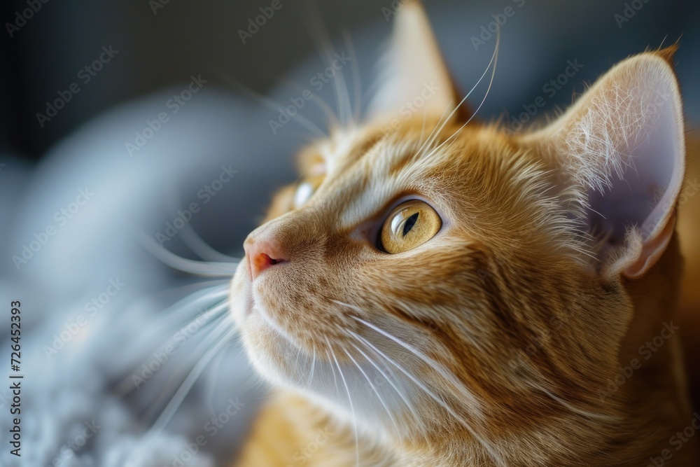 Poster a close-up photograph of a cat peacefully laying on a bed. suitable for various uses