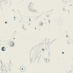 Cream esoteric seamless pattern with mystical vibes - 726452310
