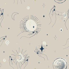 Celestial seamless vector pattern. Pattern with woman hands, stars, moons- 726452384