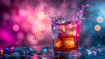 colorful splashing drink at bright vivid multicolored background, in style of dark purple, blue and pink,