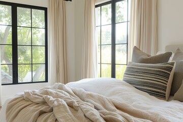 bedroom with white walls and black French windows linen bedding