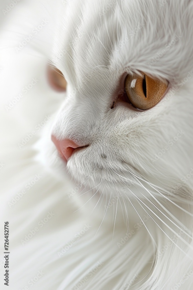 Poster a detailed view of a white cat with vibrant orange eyes. suitable for various uses