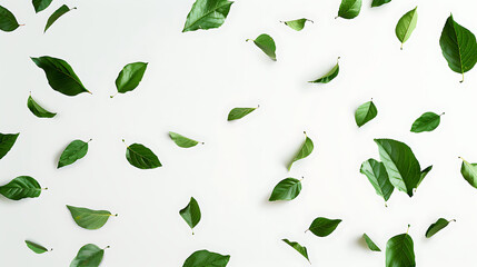 a white background with green leaves flying across it