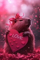 Cute capybara with a pink heart on glamour pink background. With a text Love. For Valentine's Day celebration. Romantic holiday and pet concept. Funny animal for wallpaper, poster, greeting card