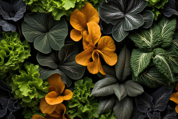 Photo pattern of different types of vegetable foliage and textures