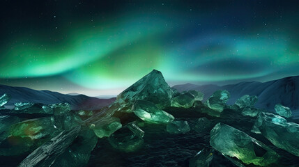 Spectacular Crystals at the Summit Illuminated by the Northern Lights - Generative AI - obrazy, fototapety, plakaty