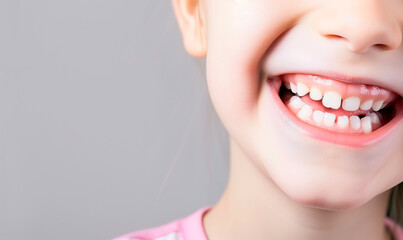 Close up of beautiful little girl smile with white teeth over plane background. Header image with empty space for text.