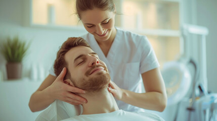 A male patient enjoys a soothing neck massage from a professional physical therapist in a bright, modern clinic setting.
