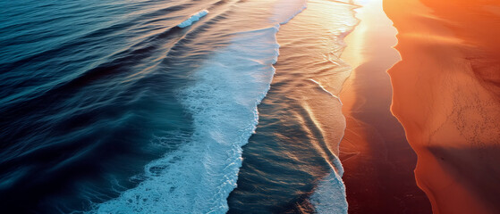 High angle of view of idyllic beach with foamy waves and empty space for text. Landscape top view...