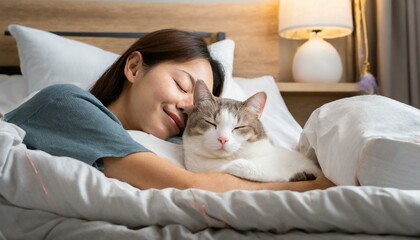Kobieta śpiąca z kotem w łóżku - obrazy, fototapety, plakaty
