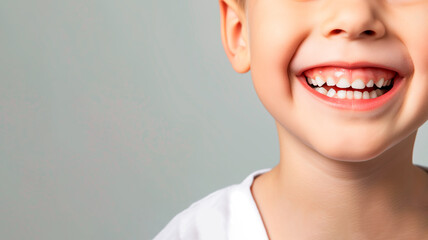 Close up of beautiful little boy smile with white teeth over plane background. Header image with empty space for text. - obrazy, fototapety, plakaty