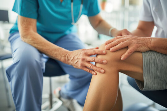 A close-up image of a physical therapist's hands examining a patient's knee to assess the pain and plan for appropriate physiotherapy treatment.
