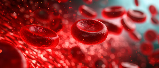 Fototapeta premium 3D illustration of human red cells flowing in blood vessels. Macro view.