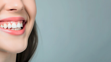 Close up of beautiful female smile with white teeth over plane background. Header image with empty space for text. - obrazy, fototapety, plakaty