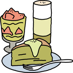 Sweet dessert cake with fruits for celebration birthday party or wedding, tasty breakfast. For cafe, restaurant menu print, postcard or poster. Hand drawn illustration. Cartoon style line art drawing.