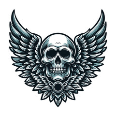 Skull wings vector illustration, winged skull badge emblem template suitable for apparel t-shirt, poster, motorbike club logo, tattoo. Design isolated on white background