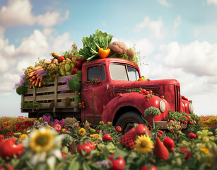 Red truck full of fresh vegetables. Delivery food. Outdoor concept.