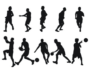 Vector set of male basketball players silhouettes, athletes runners. Basketball, athletics, running, cross, sprinting, jogging, walking