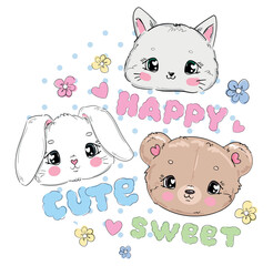 Hand Drawn Bear and Rabbit and Cat vector illustration. Sketch print design beautiful cute animals for baby background. For newborns design elements Bunny, Teddy Bear Cat.