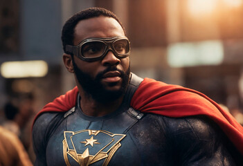 African american male superhero. Portrait of black man in fantastic costume.