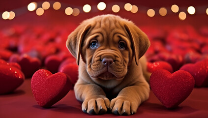 Adorable puppy surounded by hearts on abstract glitter bokeh background. A postcard with cute puppy for valentines. - obrazy, fototapety, plakaty
