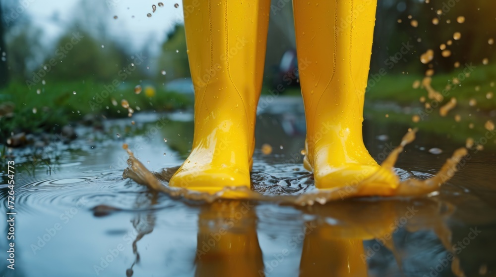 Poster a person standing in a puddle wearing yellow rain boots. suitable for weather-related themes and out