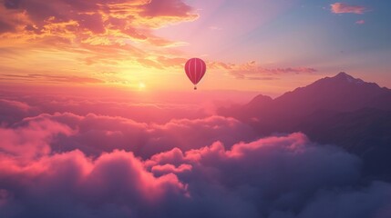Dramatic Mountain Landscape covered in clouds. Sunset or Sunrise Colorful Sky. Hot Air Balloon Flying. 3d Rendering Adventure Dream Concept Artwork.