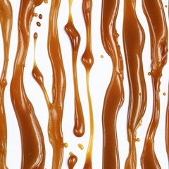Streaks of thick, glossy caramel sauce drizzle vertically on a white background.
