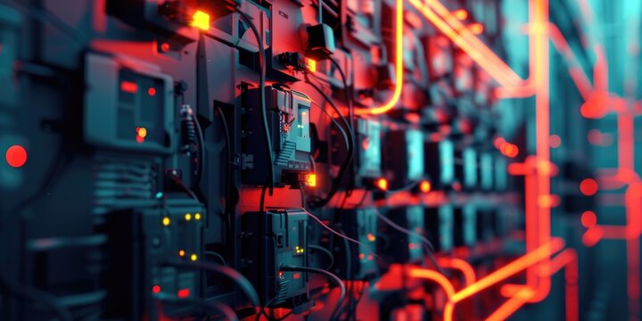 A collection of wires and switches in a room. Can be used to illustrate technology, electrical systems, or home automation