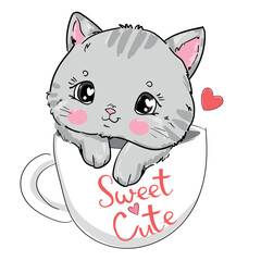 Hand drawn Cute Cat sitting in a cup, Kids print vector illustration