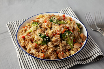 Homemade Chicken Teriyaki Fried Rice on a Plate, side view.