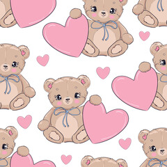 Hand Drawn Cute Teddy Bears and Pink Hearts seamless pattern vector illustration