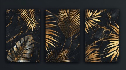 Set of elegant brochure, card, background, cover. Black and golden marble texture. Geometric frame. Palm, exotic leaves.