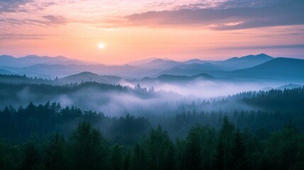 Naklejka na ściany i meble Sunrise landscape with misty forest, distant mountains and sunrise sky