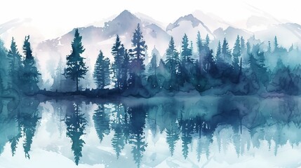 Vector reflection of beautiful pine trees in lake watercolor. - obrazy, fototapety, plakaty