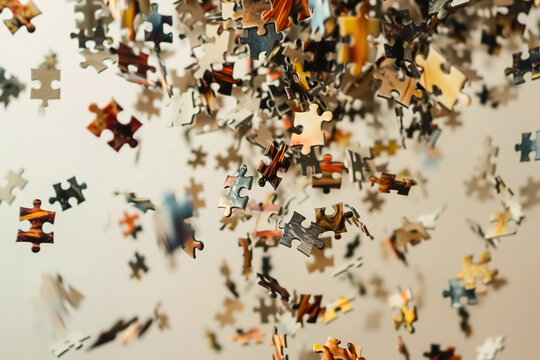 Floating Puzzle Pieces suspended in the air, detached from a complete puzzle, representing the abstraction and reimagining of intricate concepts.