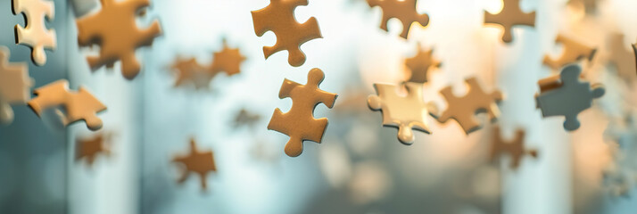 Floating Puzzle Pieces suspended in the air, detached from a complete puzzle, representing the abstraction and reimagining of intricate concepts.