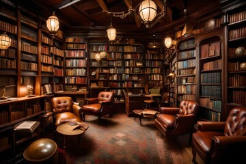 A quaint vintage bookstore with shelves lined with leather-bound books, antique globes, and a reading corner filled with comfortable armchairs and soft lighting. - obrazy, fototapety, plakaty