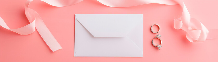 Obraz premium Invitation card, ribbon, engagement ring and pair of wedding rings laid flat against a background, love, wedding