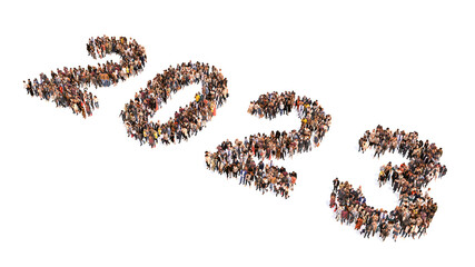 Concept or conceptual large community of people forming 2023 year. 3d illustration metaphor for celebration, festive, party, hope, future, prosperity, health and luck, business and teamwork